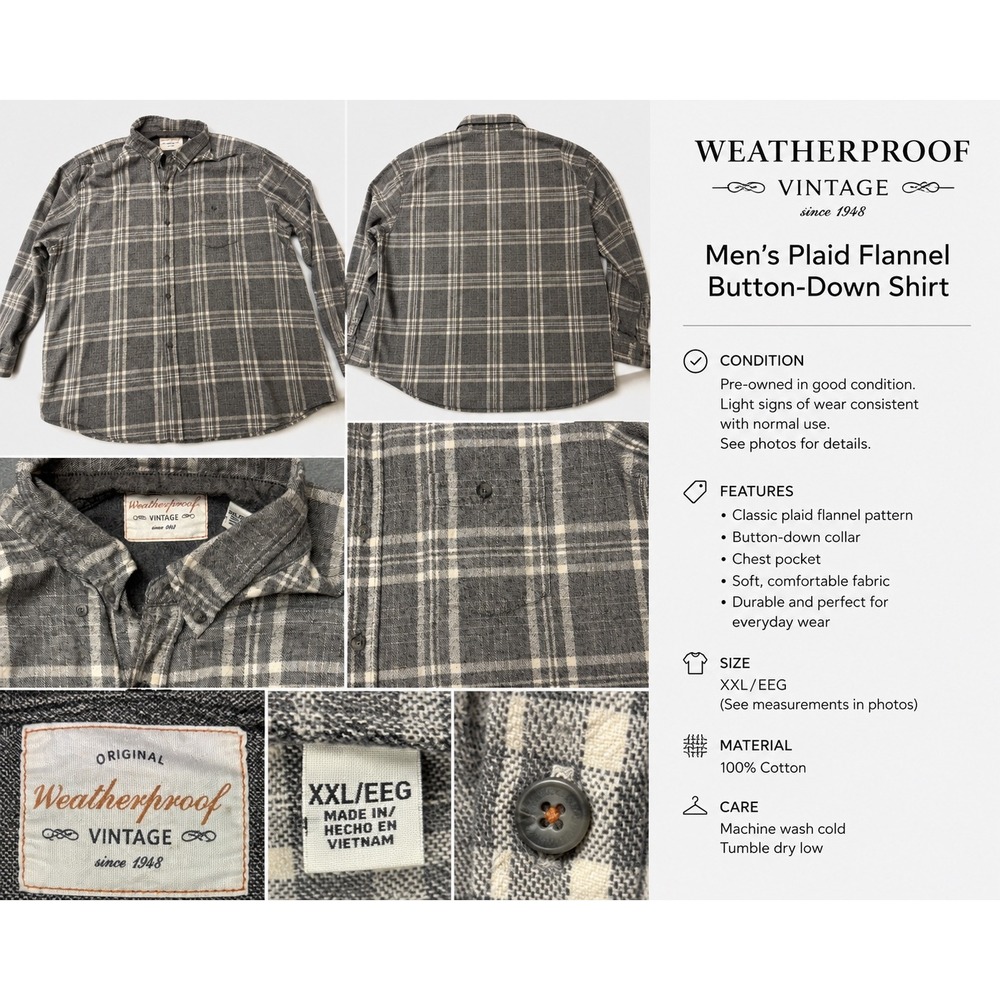 Weatherproof Vintage Mens XXL Gray Plaid Flannel Button Down Shirt Long Sleeve
